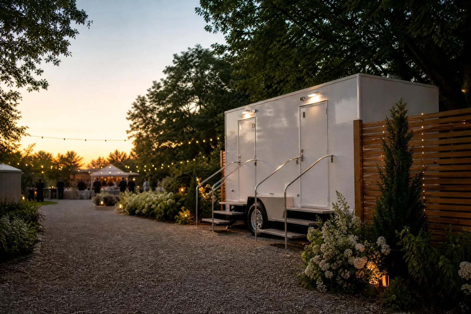 Restroom trailers for elevated comfort portable sanitation setup